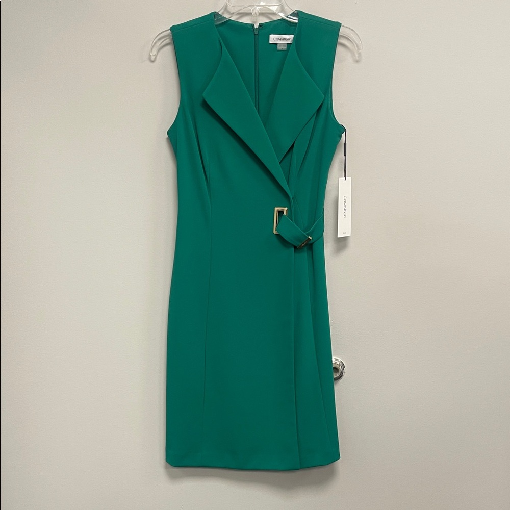New! Calvin Klein Green Sleeveless Faux Wrap Pencil Dress Size 4 MSRP $134